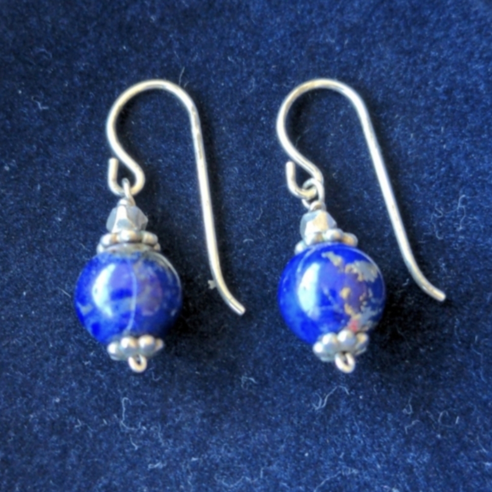 Vintage 925 Sterling Silver Drop Earrings With Natural Lapis Lazuli Gemstones